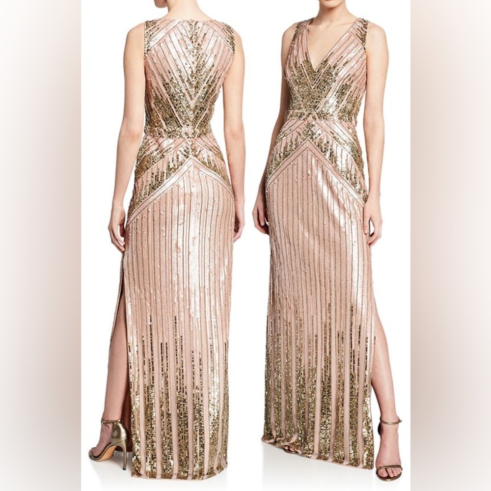 Aidan Mattox Blush Sleeveless Sequin Column Dress with V-neck